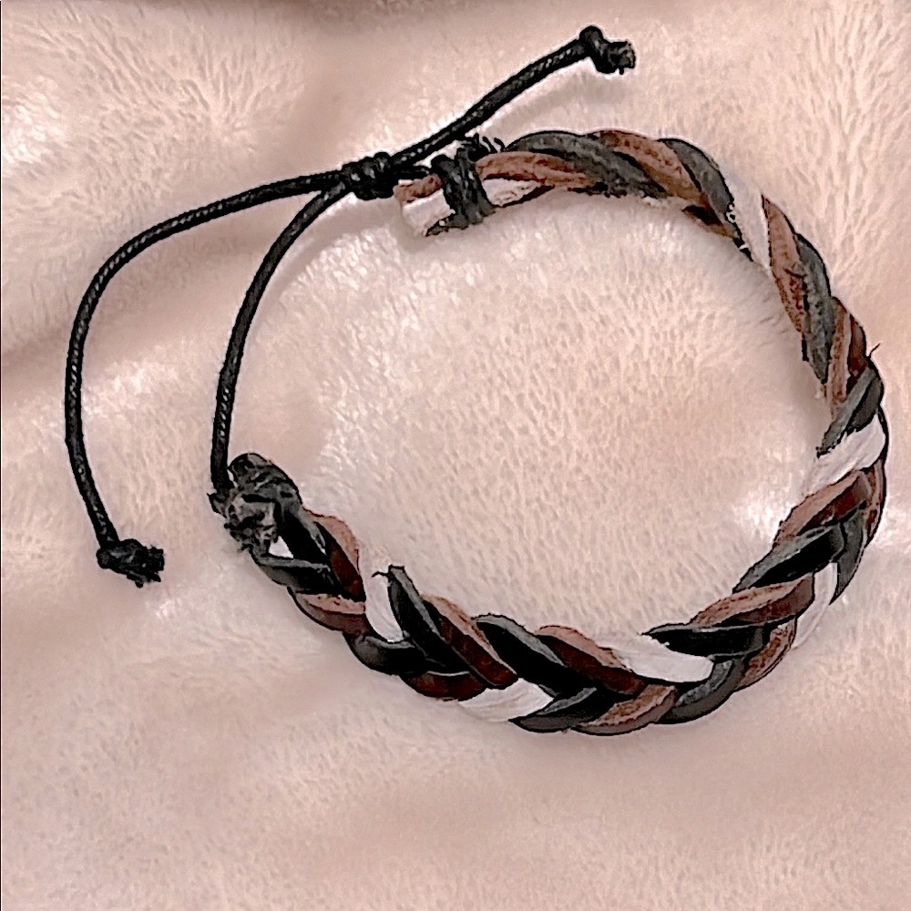 LK NEW 🌴 MEN’S ADJUSTABLE TRIO COLOR BLACK BROWN WHITE BRAIDED LEATHER BRACELET